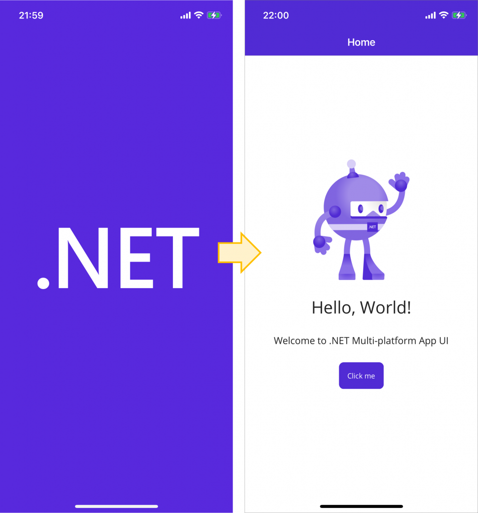 ⑩iPhone実機へのインストール＆アプリ起動と動作確認
３.アプリの起動＆動作確認  スプラッシュスクリーン「.NET」
メイン画面「Hello, World!」※.Net Maui のソース未修正時点のデフォルト画面